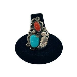 VINTAGE Ring Native American Indian Sterling Silver Turquoise Coral Size 8 1/2